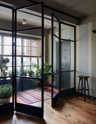 Opened glass partition leading into room featuring large window lined with greenery multicolored striped area rug