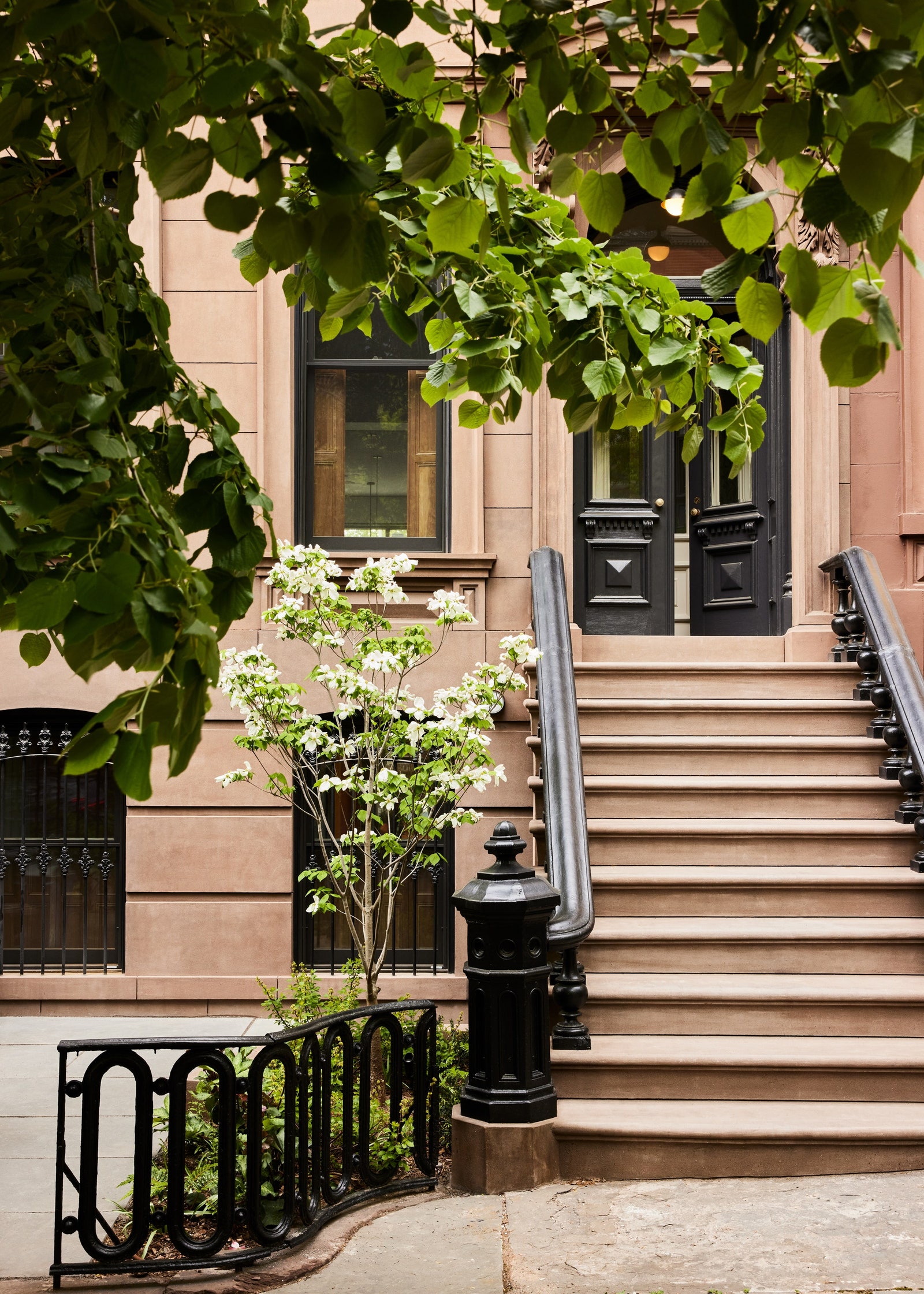 New York brownstone home exterior with black railing shaded by tree