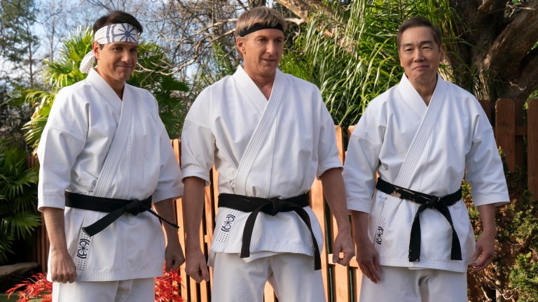 Cobra Kai. (L to R) Ralph Macchio as Daniel LaRusso, William Zabka as Johnny Lawrence, Yuji Okumoto as Chozen in Cobra Kai.